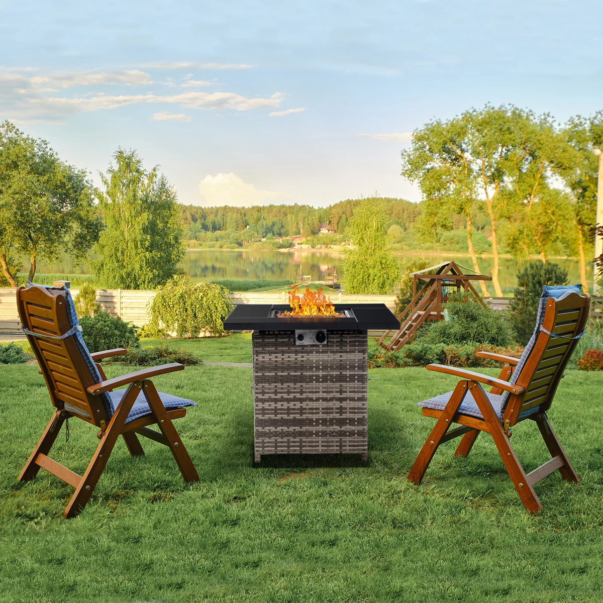 28" Fire Pit Table, Propane Fire Pit with Lid, Lava Rocks, 50000 BTU Outdoor Gas Fire Pit, Metal Square Propane Fire Pit for Outside Garden Backyard Deck Patio, Brown, LLL4008