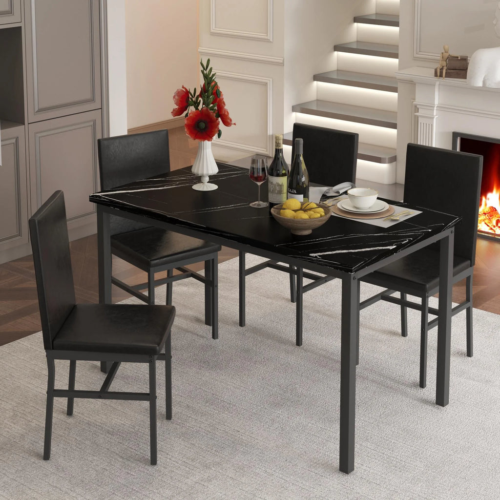 5 Piece Dining Set, Modern Dining Table and Chairs Set for 4, Counter Height Bar Table Set, Modern Pub Table with 4 Velvet Fabric Cushioned Stools, Faux Marble Dining Table & Stools Set, D9297