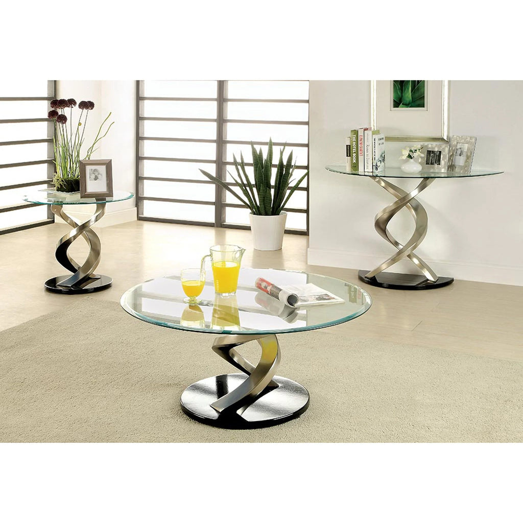 Furniture of America Sele Contemporary Silver 45-inch Glass Top Half-moon Sofa Table by