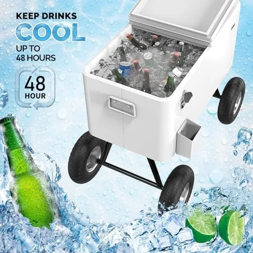 80 Quart Wagon Rolling Cooler Ice Chest, /Long Handle and 10" Wheels, Portable Beach Patio Party Bar Cold Drink Beverage, Outdoor Park Cart on Wheels