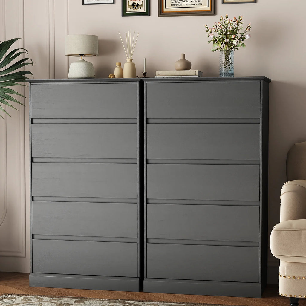 2 PCS  Dresser for Bedroom, 5 Drawer Dresser Black Chest of Drawers for Living Room Dressing Room Entryway -2PCS