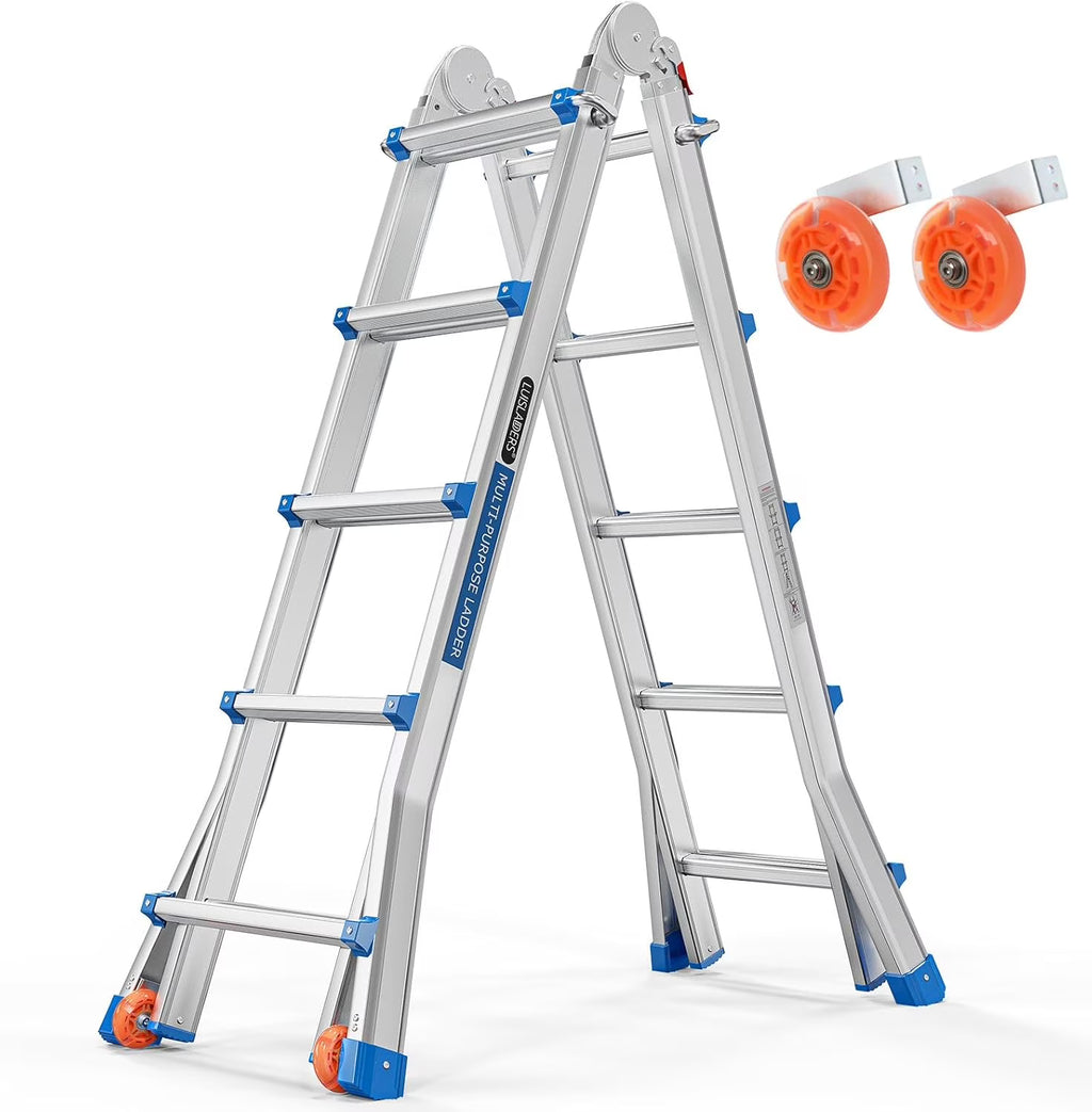LUISLADDERS Ladder, A Frame 6 Step Ladder Telescoping Ladder, 22 Ft Reach Height Muti Position Folding Ladder Flared Leg & Wheels Design, 330 lbs Capacity Extension Ladder for Household Outdoor Work