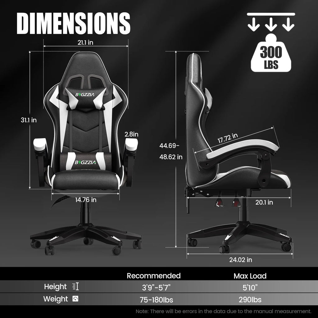 Bigzzia Gaming Chair Office Chair, Ergonomic Game Chair with Height Adjustable Headrest and Lumbar Support for Adults Teens, Black & White