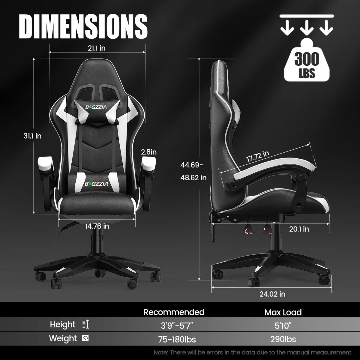 Bigzzia Gaming Chair Office Chair, Ergonomic Game Chair with Height Adjustable Headrest and Lumbar Support for Adults Teens, Black & White