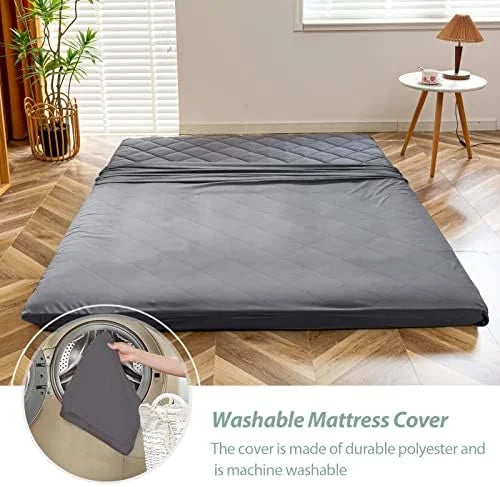 Japanese Floor Futon Mattress King Size, Floor Bed for Adults, Roll Up Folding Mattress, Diamond Patterned Japanese Futon Bed, Dark Grey