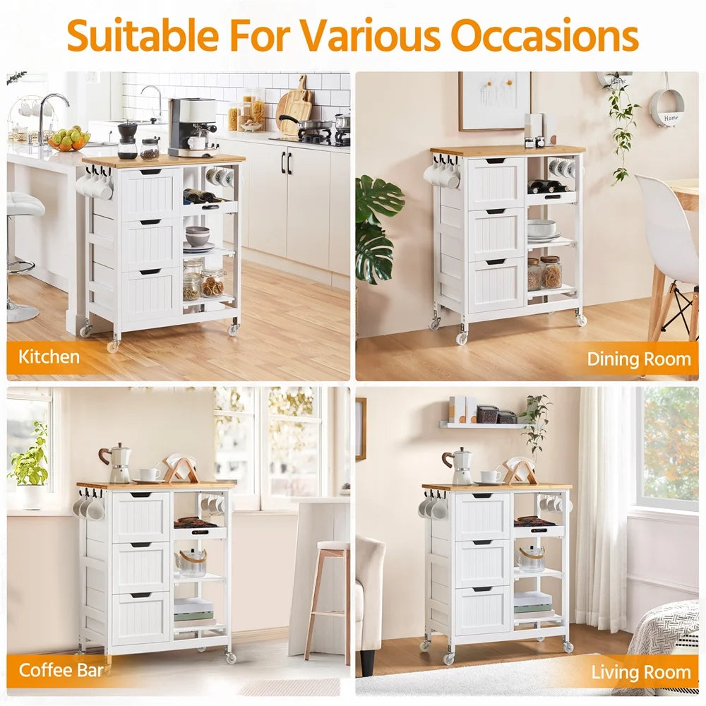 Alden Design 33" H Kitchen Storage Serving Cart for Kitchen Dining Room Bar, White