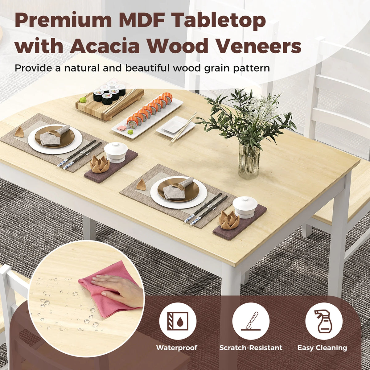 Costway 5-Piece Dining Set Solid Wood Kitchen Furniture with Rectangular Table & 4 Chairs