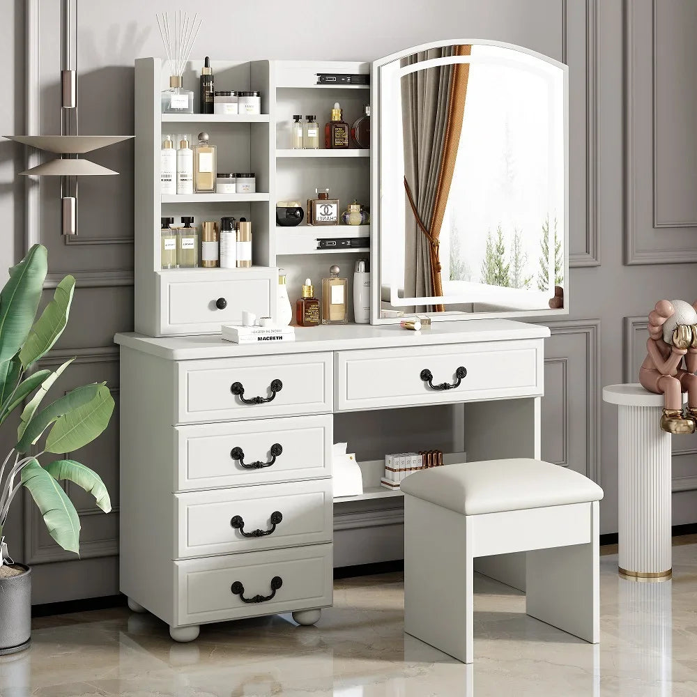 Montary Modern Mini Vanity w/Adjustable LED Mirror + Hidden Storage, Padded Stool & Dustproof Shelves (White)