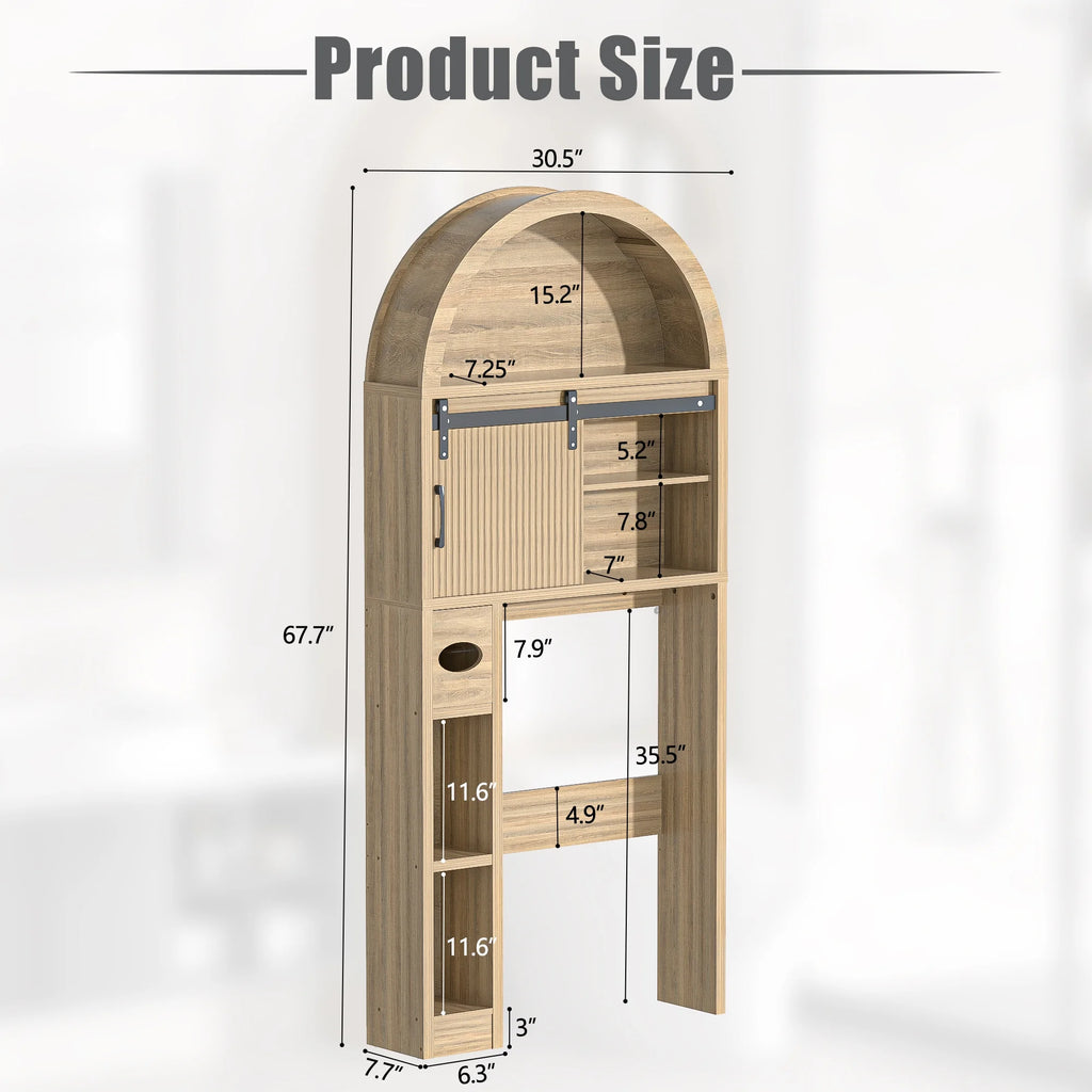 HARIPUL Over The Toilet Storage Cabinet w/ Unique Wood Grain & Arc Design, Freestanding Bathroom Shelf Organizer Space Saver w/ Doors & Anti-Tip Device, Wood Color