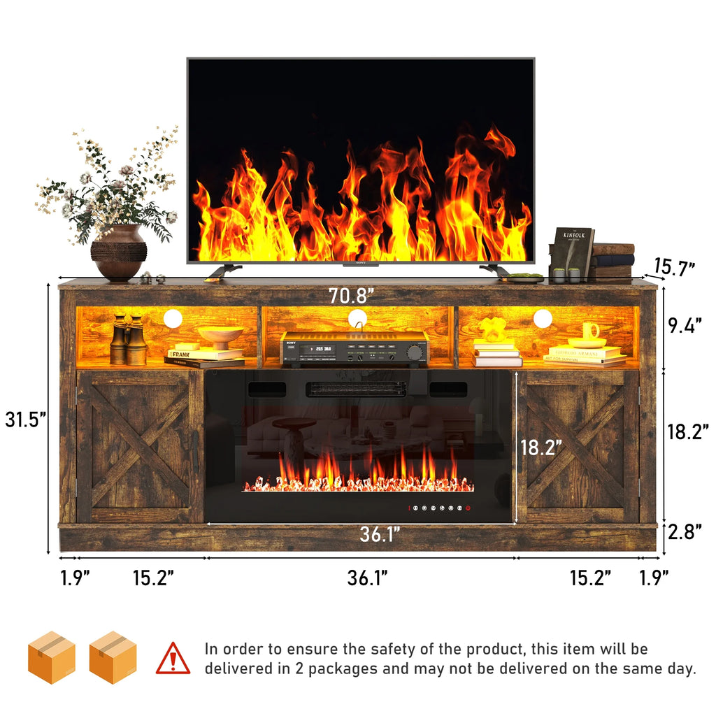 ChVans 70" Fireplace TV Stand for TVs up to 80" with 36" Electric Fireplace, Farmhouse Entertainment Center with LED, Wooden Media Console for Living Room, Bedroom