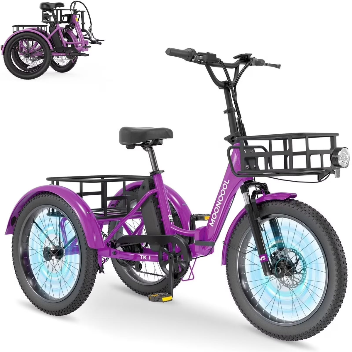 MOONCOOL TK1 Folding Electric Tricycle for Adults,48V 14.5Ah Removable battery, 500W��Peak 1000w��Motor, 20" Fat Tire Step-Thru 3Wheel Electric Bicycle w/Front&Rear Baskets, Certified to UL 2849 by SGS