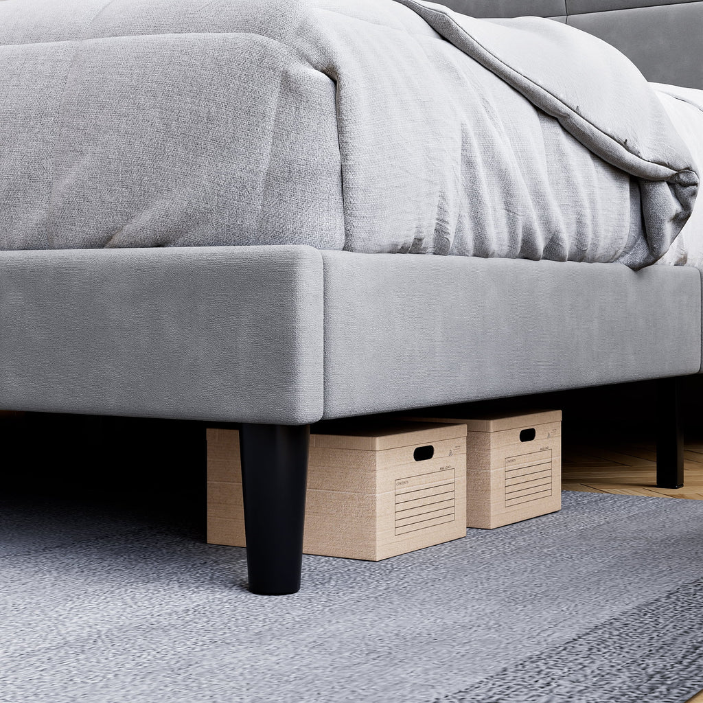 Homhougo King Size Bed Frame Upholstered Platform, Bed Frame with Square Velvet Headboard, Wooden Slats Support, Non-Slip and Noise-Free, No Box Spring Needed, Easy Assembly(Light Gray)
