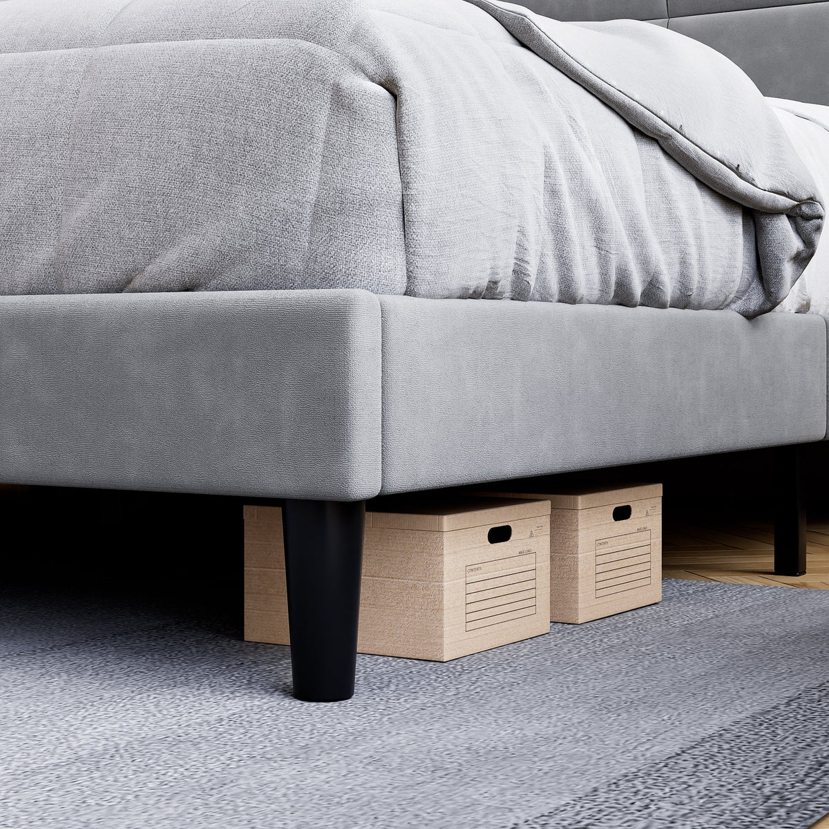Homhougo King Size Bed Frame Upholstered Platform, Bed Frame with Square Velvet Headboard, Wooden Slats Support, Non-Slip and Noise-Free, No Box Spring Needed, Easy Assembly(Light Gray)