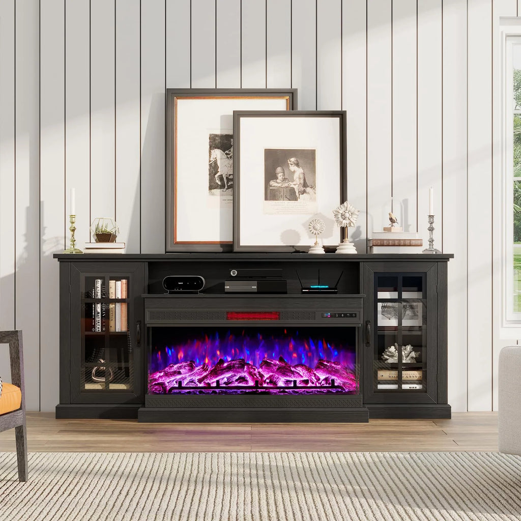 Merluxy 75in 3-Sided Glass Fireplace TV Stand for TVs up to 85", Distressed White