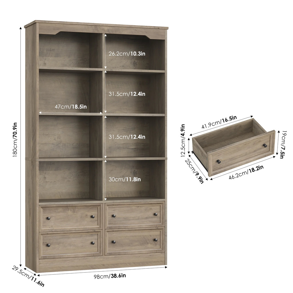 Homfa Double Row 6 Tier Bookcases, 71 in Tall Bookcase Bookshelf with 4 Drawers and 8 Display Cubicles, for Home Office Living Room, White