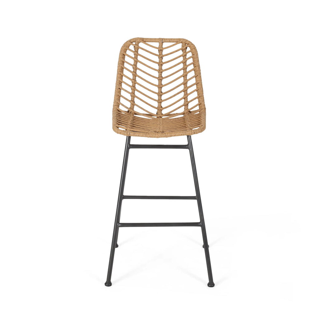 Dimitri Outdoor Wicker Barstools, Set of 2, Light Brown and Black