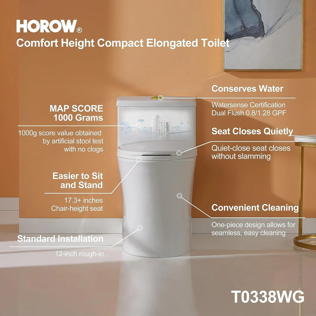 HOROW Compact One Piece Toilet with Comfort Seat ADA Height 17.3" Elongated Dual Flush 0.8/1.28 GPF