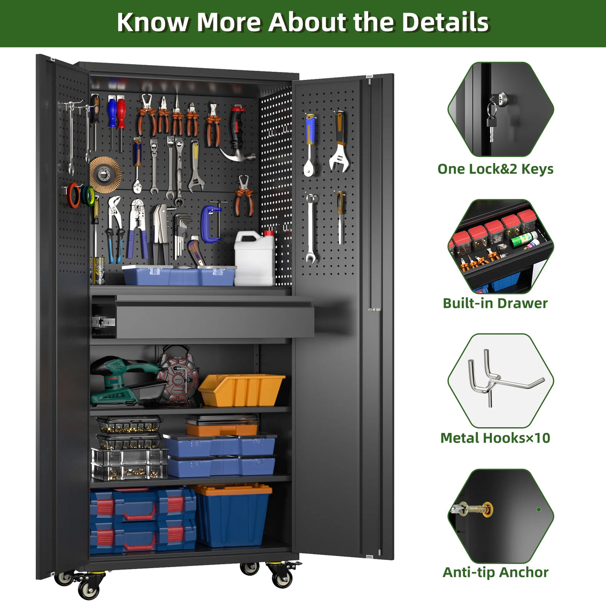 SUPEER 71" Metal Storage Cabinets with Wheels and Pegboards, Industrial Cabinet with 2 Drawers and 2 Adjustable Shelves,, Assembly Required