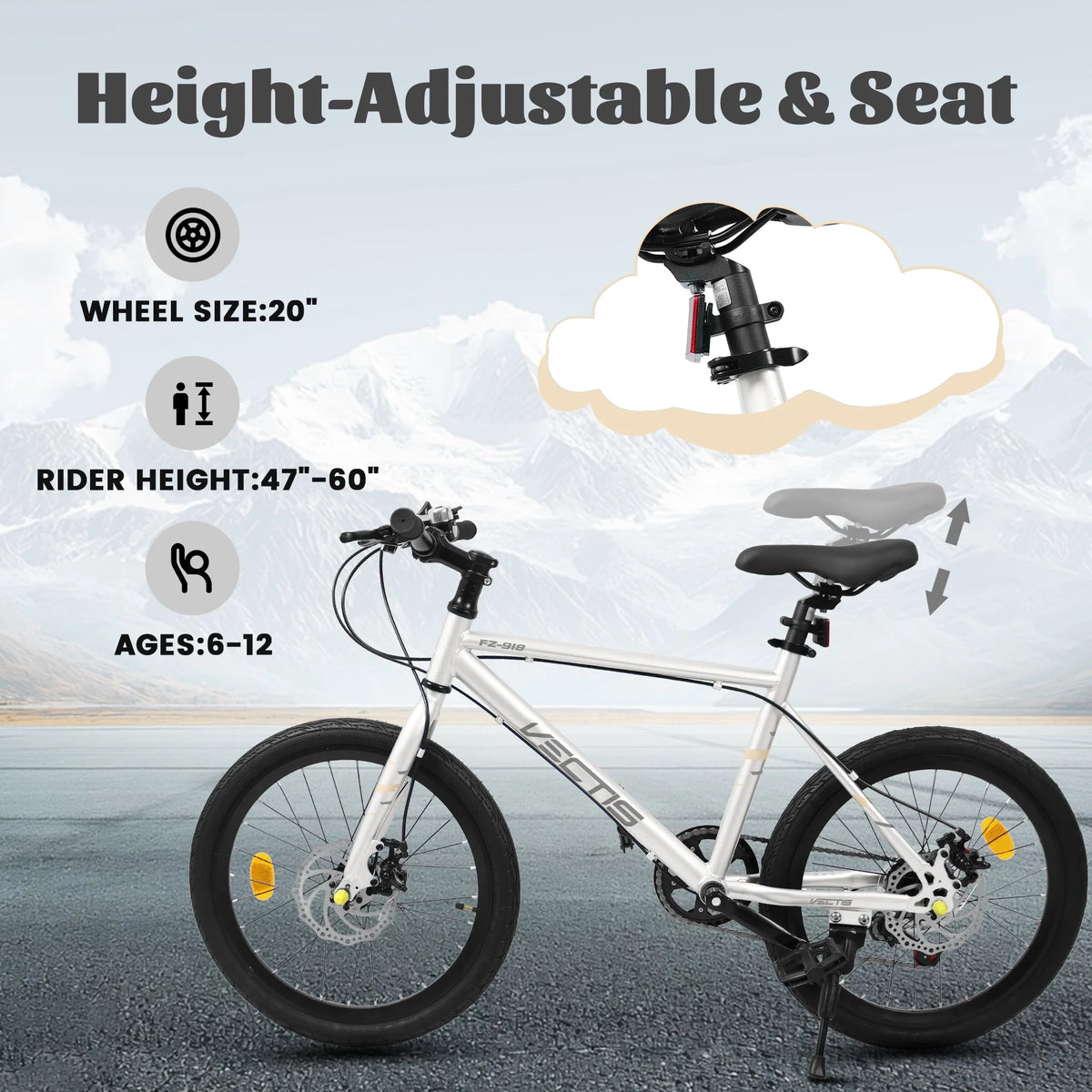 20 Inch Kids Bike for Boys Girls, 7-Speed Children Road Bike with Steel Frame and Dual Disc Brakes, Kids Road Bicycle for Ages 6-12 Years Old Birthday Gift, Silver
