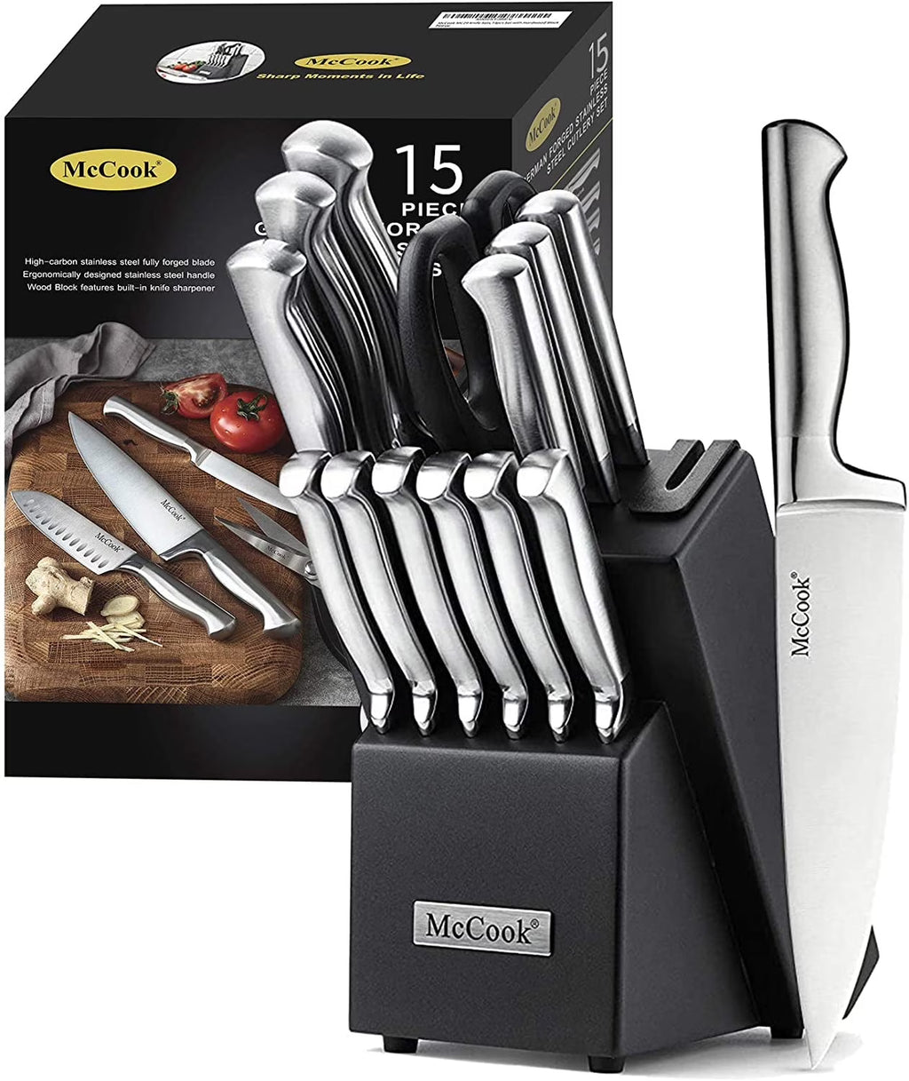McCook MC29 Knife Sets, 15 Pieces German Stainless Steel Kitchen Knife Block Sets with Built-in Sharpener