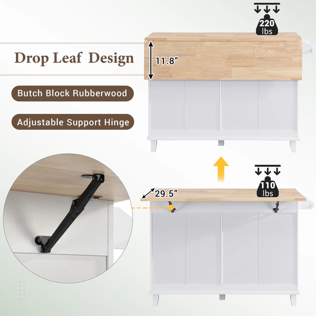 Kitchen Island with Storage, Portable Kitchen Island on Wheels with Drop-Leaf and 2 Stools, Built-in 4 Drawers and Towel Rack, Rolling Kitchen Island Cart for Home, Kitchen and Dining Room, White