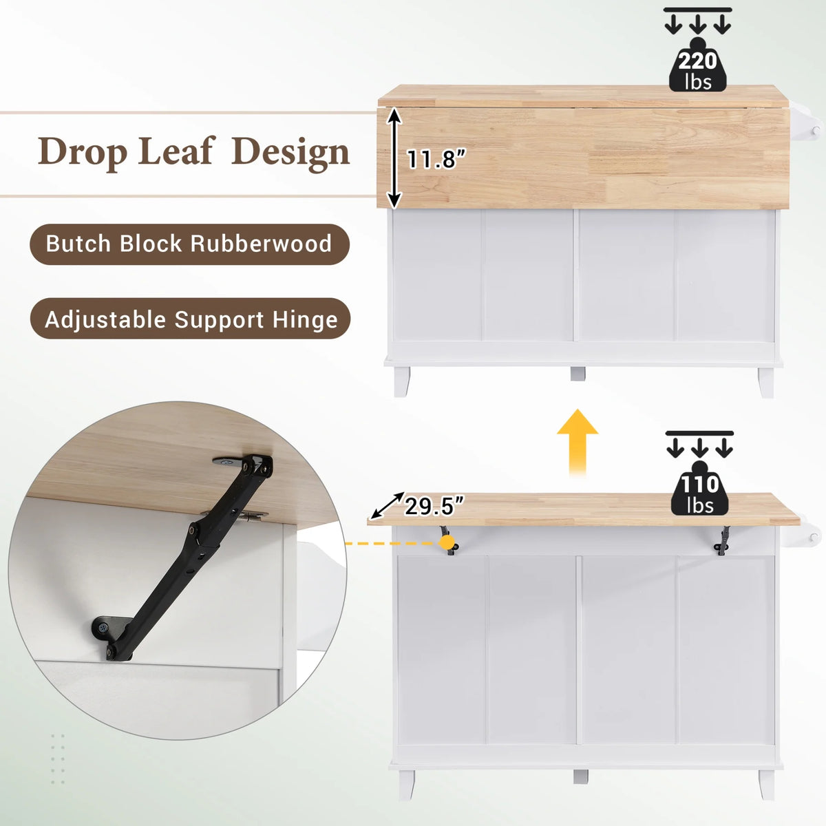 Kitchen Island with Storage, Portable Kitchen Island on Wheels with Drop-Leaf and 2 Stools, Built-in 4 Drawers and Towel Rack, Rolling Kitchen Island Cart for Home, Kitchen and Dining Room, White