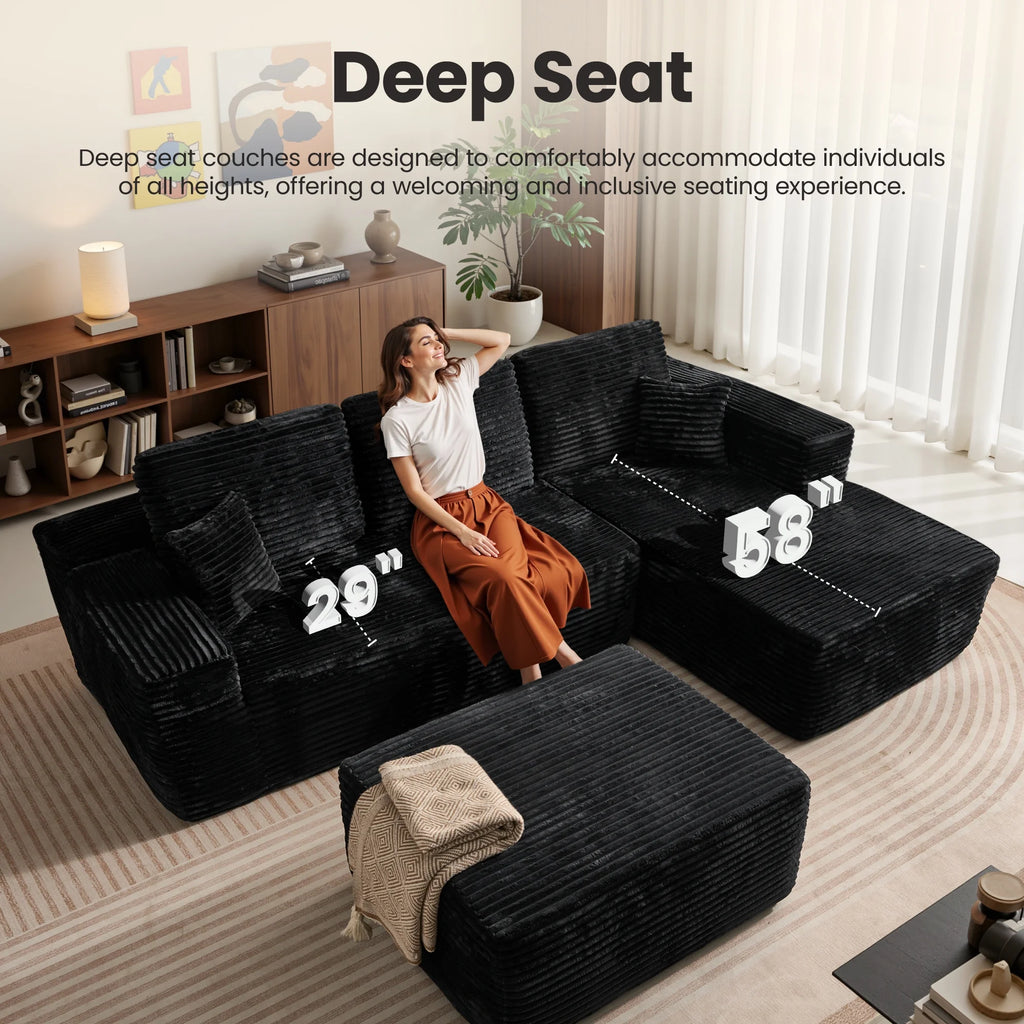 Ovios 106" L-Shaped Sectional Sofa Modern Modular Cloud Couch with Deep Seating Upholstered Sofa for Living Room Bedroom, No Assembly Required, Black(Corduroy)