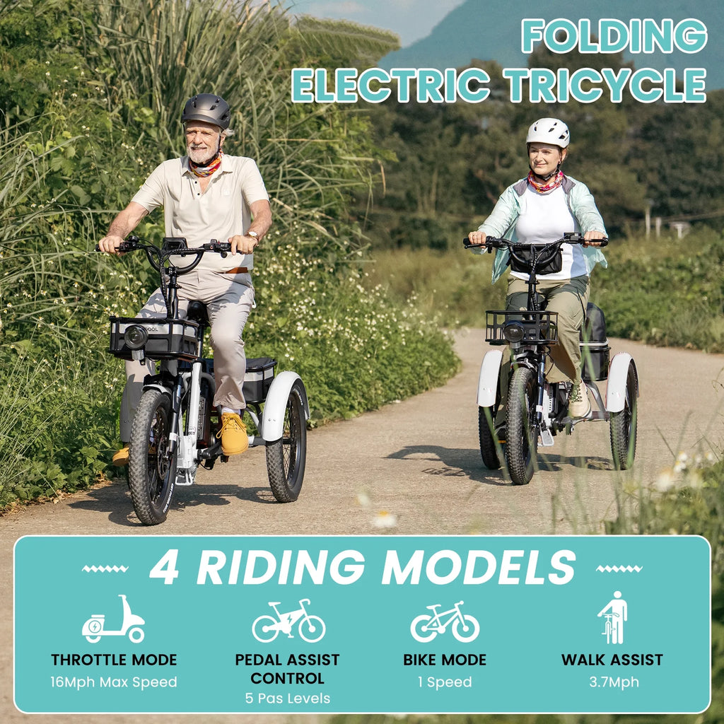 MOONCOOL TK1 Folding Electric Tricycle for Adults,48V 14.5Ah Removable battery, 500W��Peak 1000w��Motor, 20" Fat Tire Step-Thru 3Wheel Electric Bicycle w/Front&Rear Baskets, Certified to UL 2849 by SGS