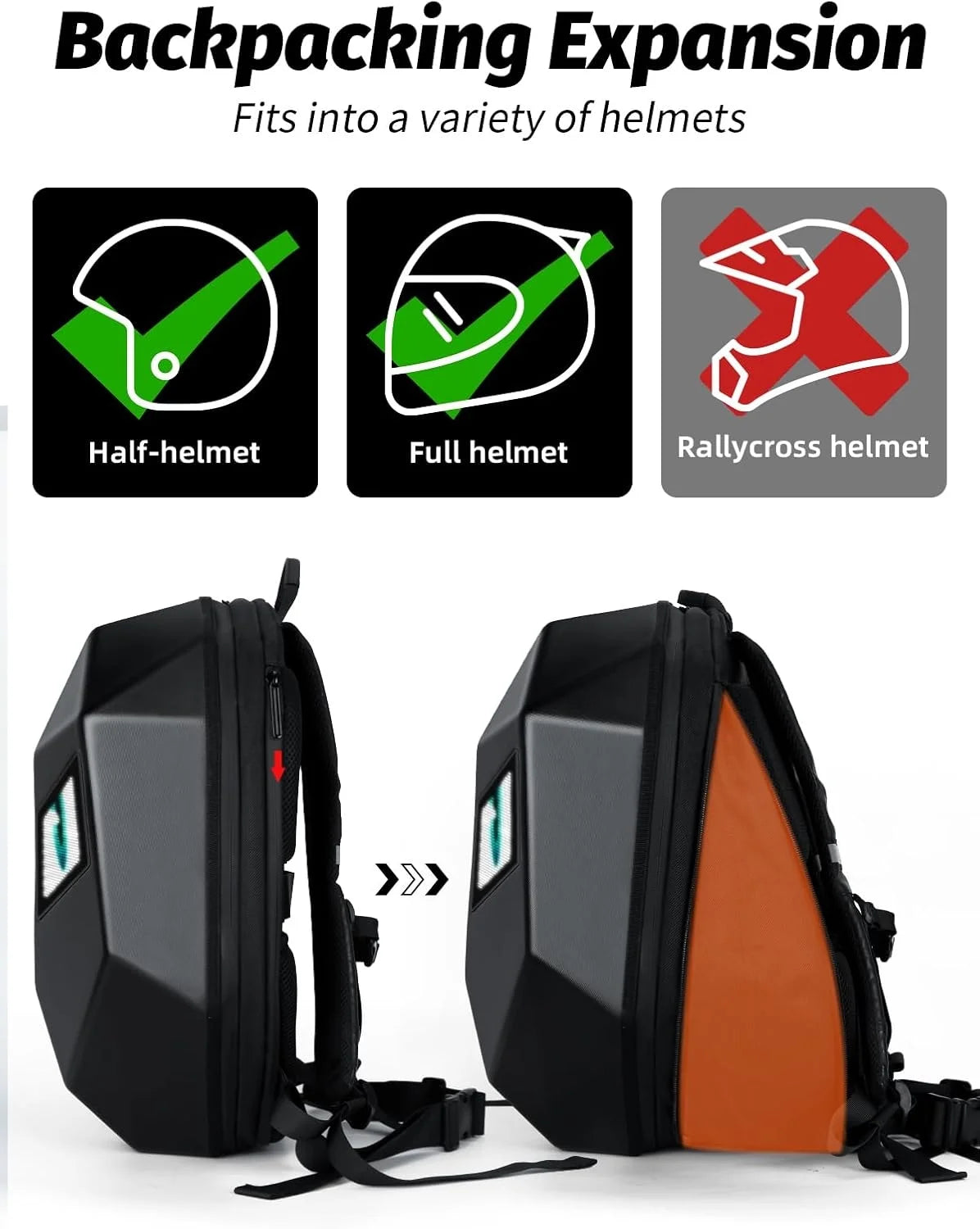 Gelrova Knight LED Bike Backpack, Black Hard Shell Motorcycle Helmet, Small Size 17in