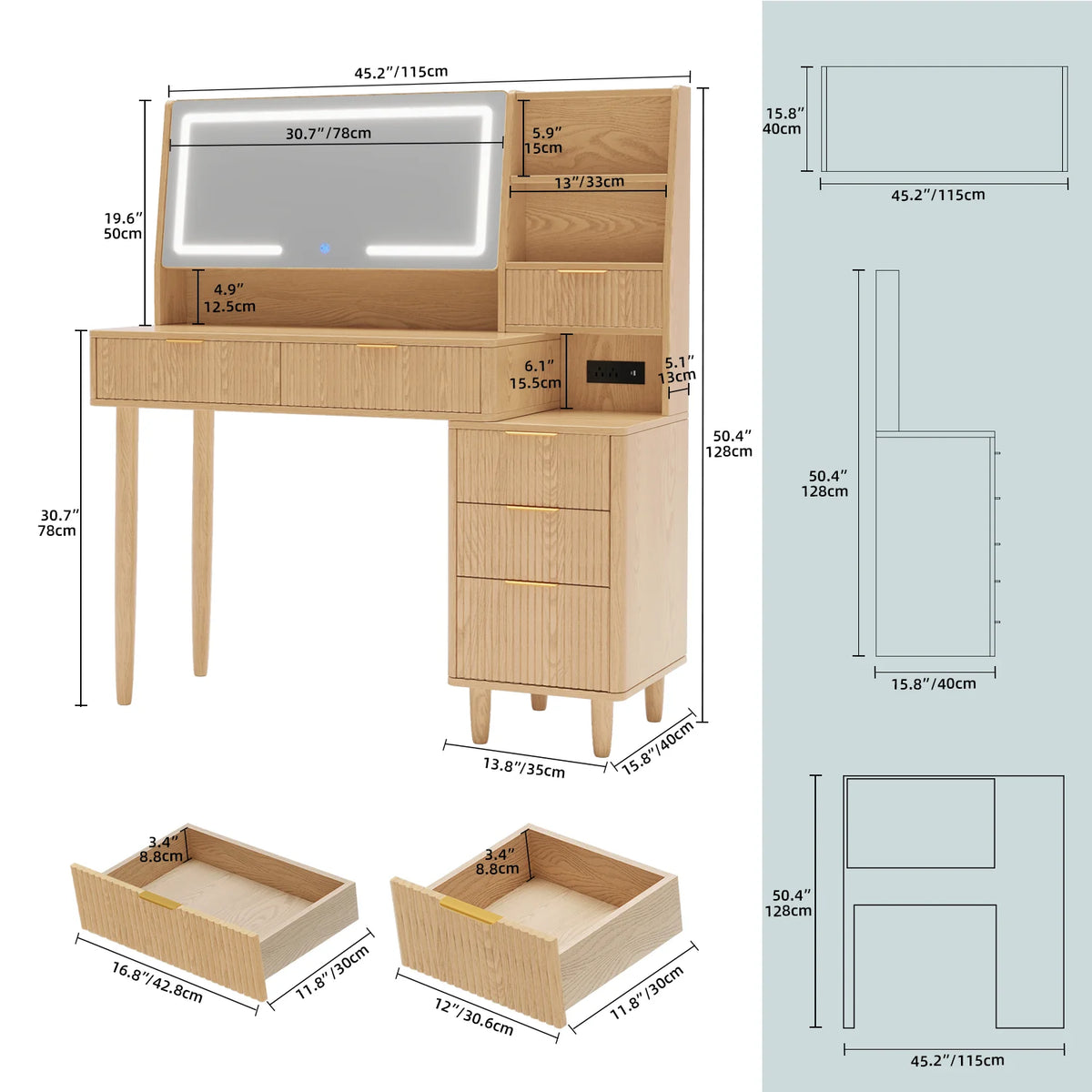 UGTOO 45.2" Modern Vanity Desk with LED Mirror & USB Charging, Wood Makeup Dressing Table with 7 Drawers for Bedroom