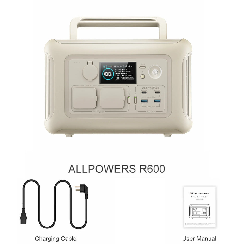 ALLPOWERS Beige R600 Portable Power Station 600W, 299Wh LiFePO4 Battery, Wireless Charging, Solar Generator Charger for Camping, Home Backup, Emergency, off-Grid, Power Outage