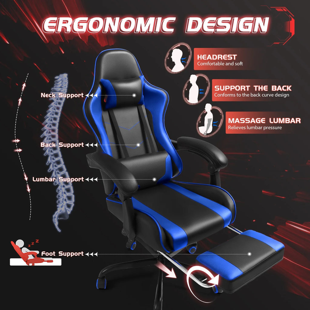 Lacoo PU Leather Gaming Chair Massage Ergonomic Gamer Chair Height Adjustable Computer Chair with Footrest & Lumbar Support, White