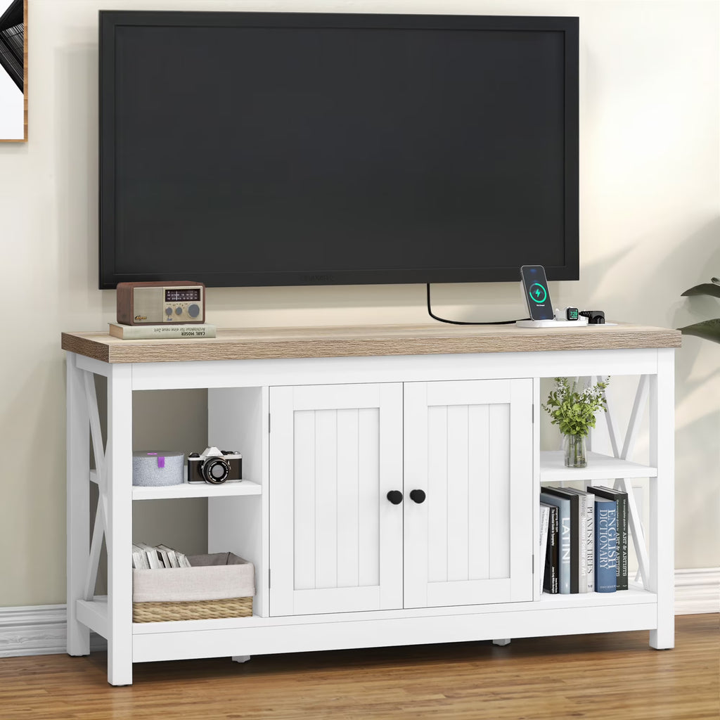 DWVO Farmhouse TV Stand with Built in Power Outlet, Entertainment Center with Storage, Wood TV Media Console for Living Room, White