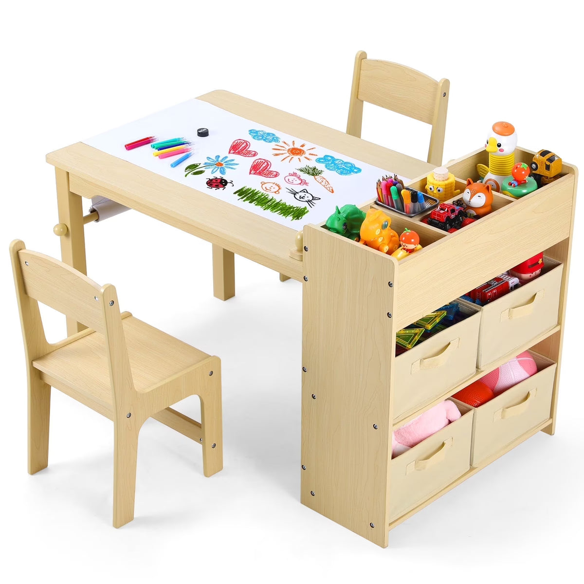Pirecart Kids Art Table and 2 Chairs Toddler Craft Set Wooden Play Activity Drawing Table with 4 Storage Bins and Paper Roll