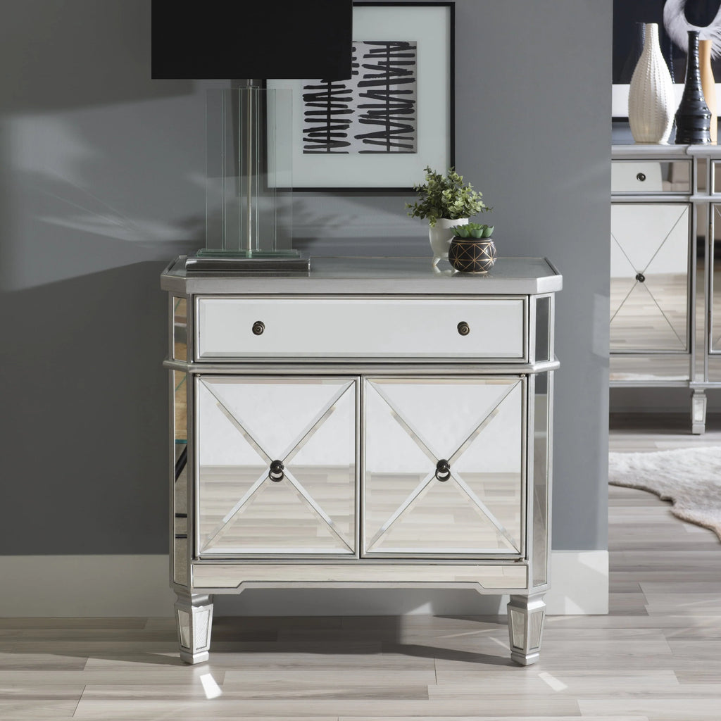 Powell Deville 2-Door Single Drawer Indoor Console Table with Shelves, Mirrored Surfaces and Luxe Silver Wood