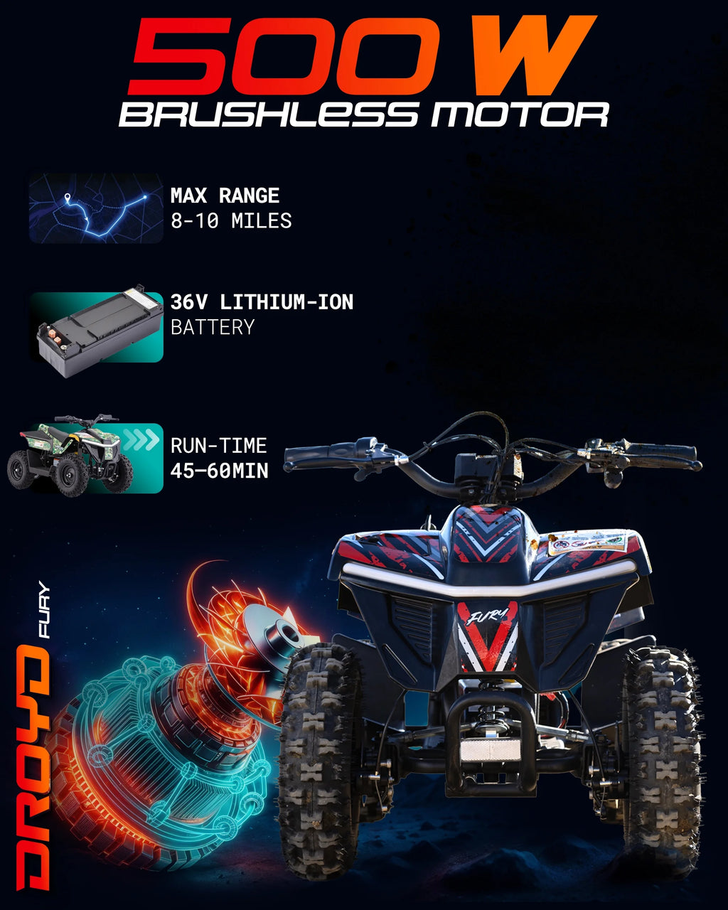 Droyd Fury Electric Youth ATV, 36V 500W Brushless Motor, Dual Suspension, Max Speed 15 mph, Offroad