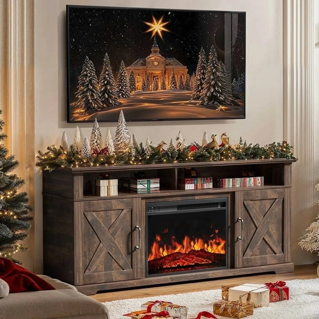 Electric Fireplace TV Stand for TVs up to 75", Farmhouse Entertainment Center with Fireplace, Grey