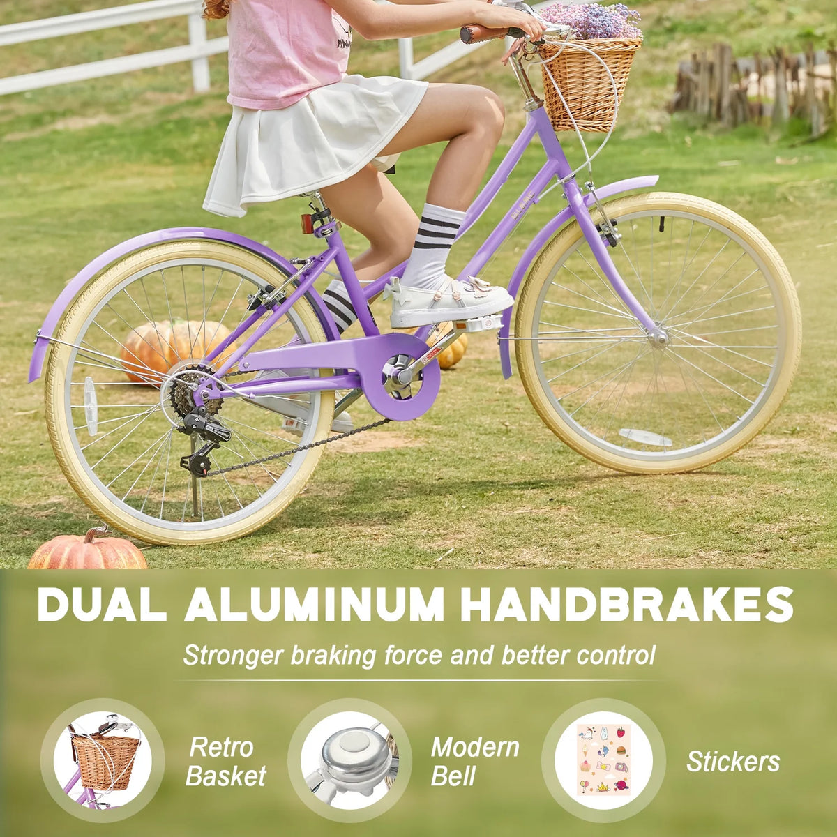 Glerc Missy 24" Girls Cruiser Bike 6-Speed Women's Hybird Bicycle for Ages 7-11 Years, Mint Green