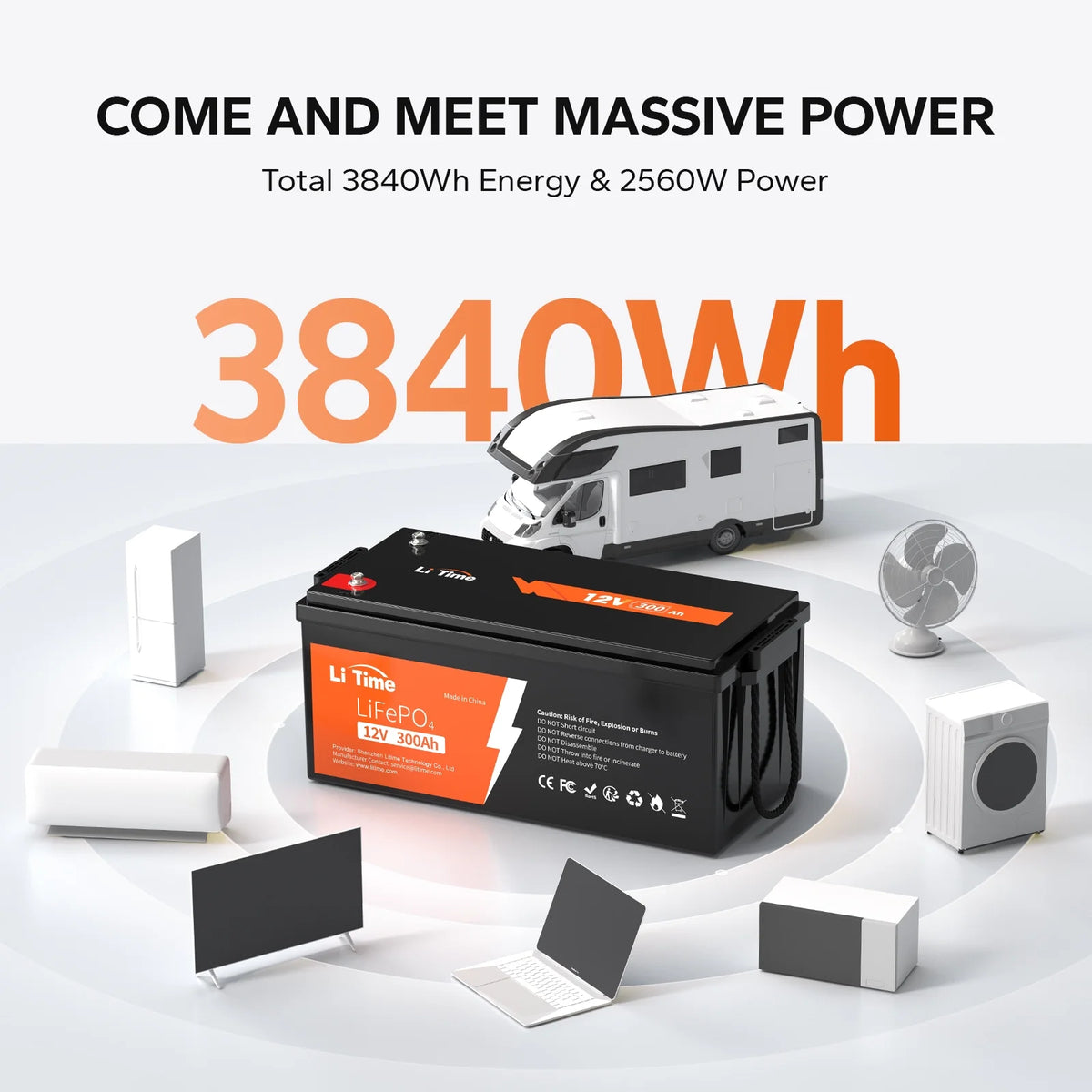 LiTime 12V 300Ah LiFePO4 Battery 200A BMS 2560W Lithium Battery for Off-Grid RV Solar Motorhome
