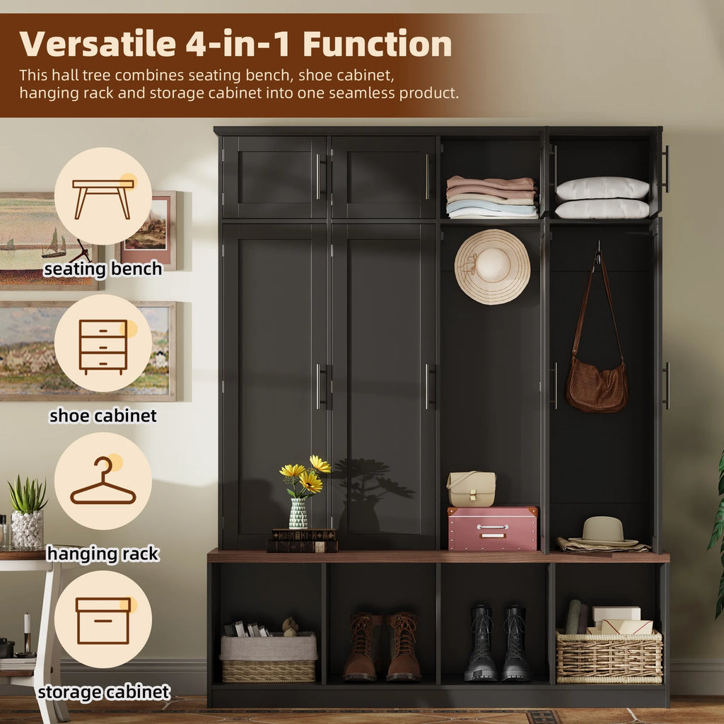 Euroco Entryway Hall Tree with Bench, Shoe Storage, Coat Hooks & Cabinets �C Walnut Finish, Anti-Tip Design, Modern Mudroom Organizer
