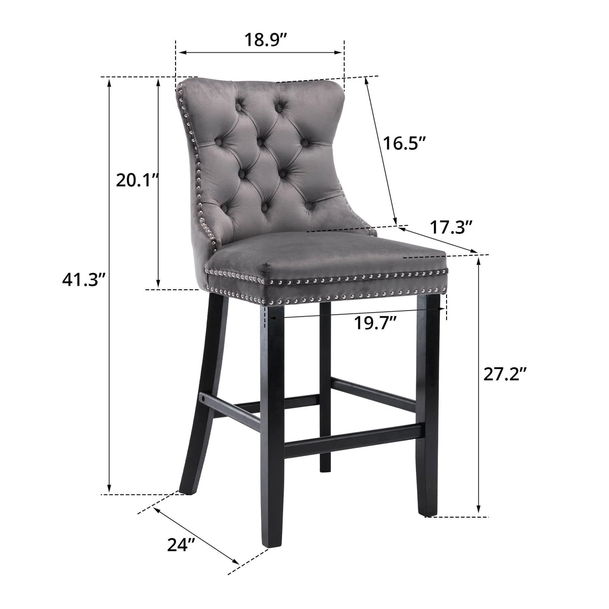 Velvet Bar Stools Set of 2, Upholstered Counter Height Bar Chair with Rivet and Button Trim, Bar Stool with Back and Footrest, for Dining Room, Kitchen, Pub, Gray