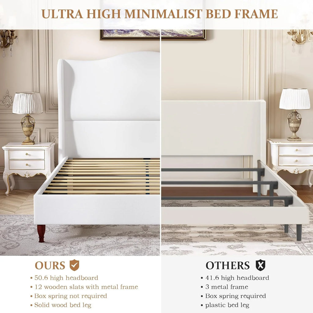 Neche Queen Upholstered Bed Frame with 51" Tall Headboard Classic Curved Wingback Platform Bed with Soft Fabric, Retro Simple Sleigh Bedframe No Box Spring Needed/Easy Assembly, White
