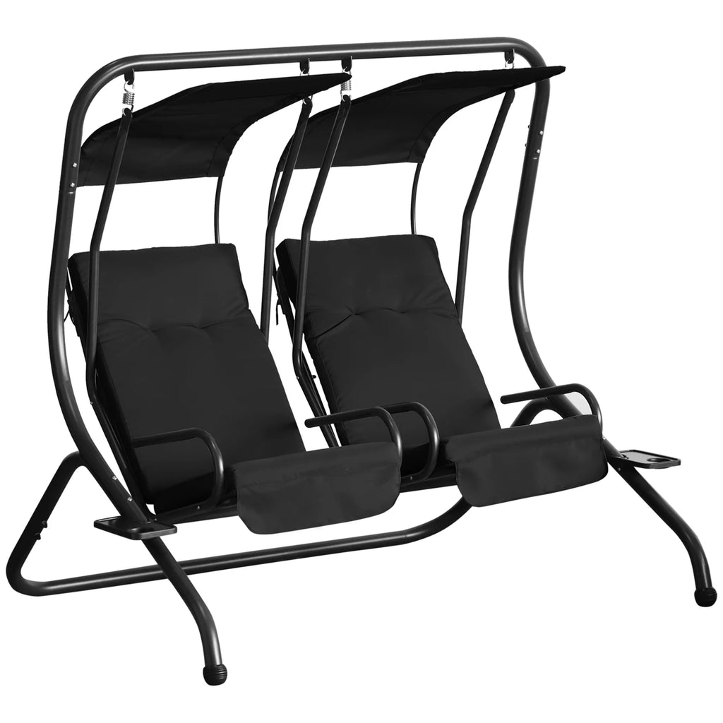 Outsunny 2-Seat Modern Steel Canopy Porch Swing with Cup Holder and Cushions, Beige/Black