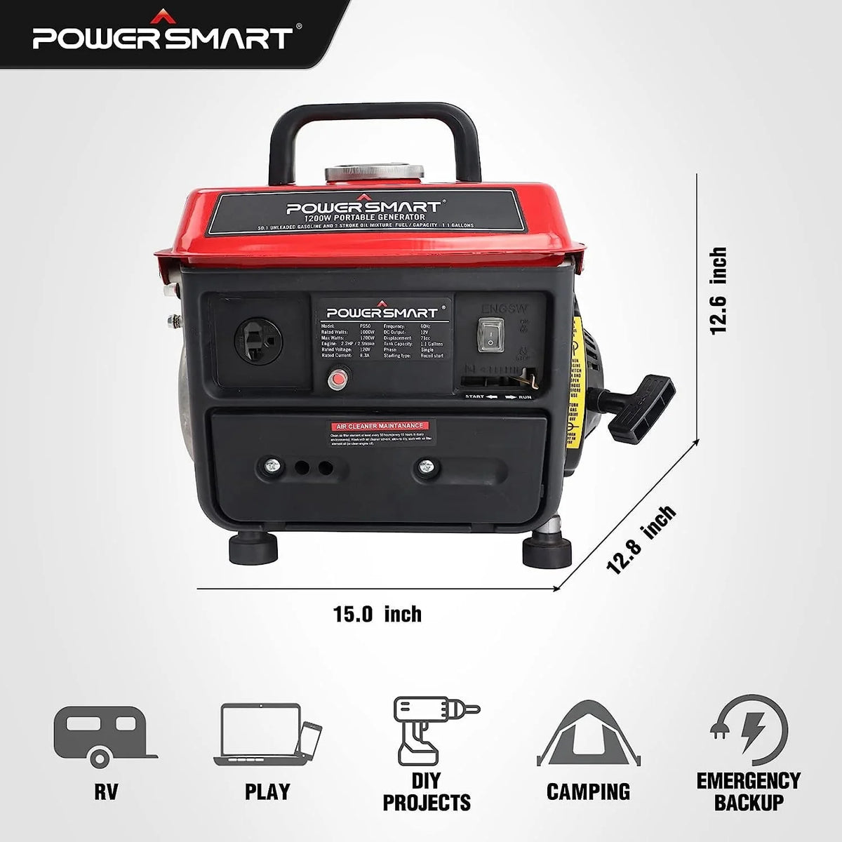 PowerSmart 1200W Portable Generator, Inverter Generator, Gasoline Powered Portable Generator, Low Noise，PS50
