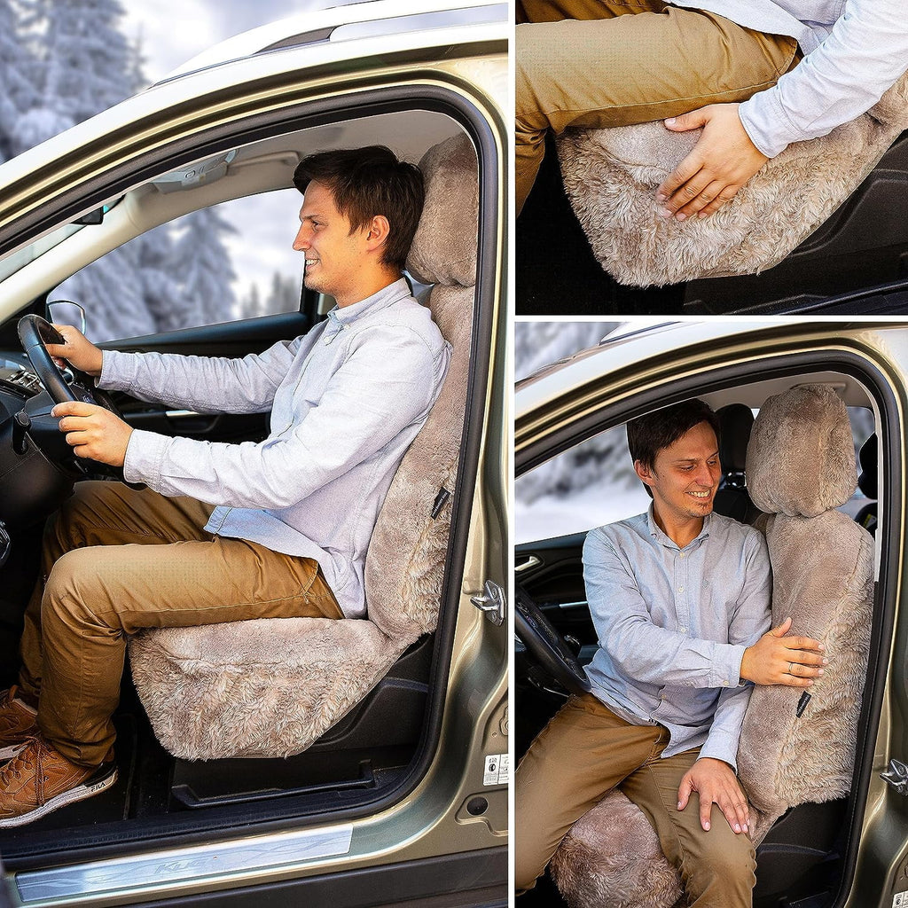 Zone Tech Genuine Sheepskin Ivory Car Seat Cover, Fluffy Luxury Wool Front Seat Covers, Universal Fits Car, Truck, SUV, & Van