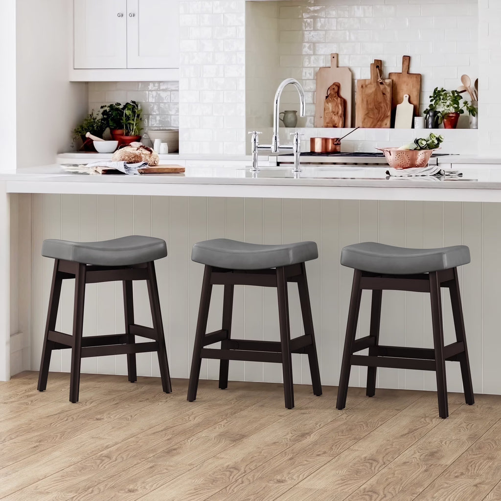 Dycanpo Saddle Seat Counter Height Bar Stools Set of 3 for Kitchen, Dining, 24in, Beige-Fabric