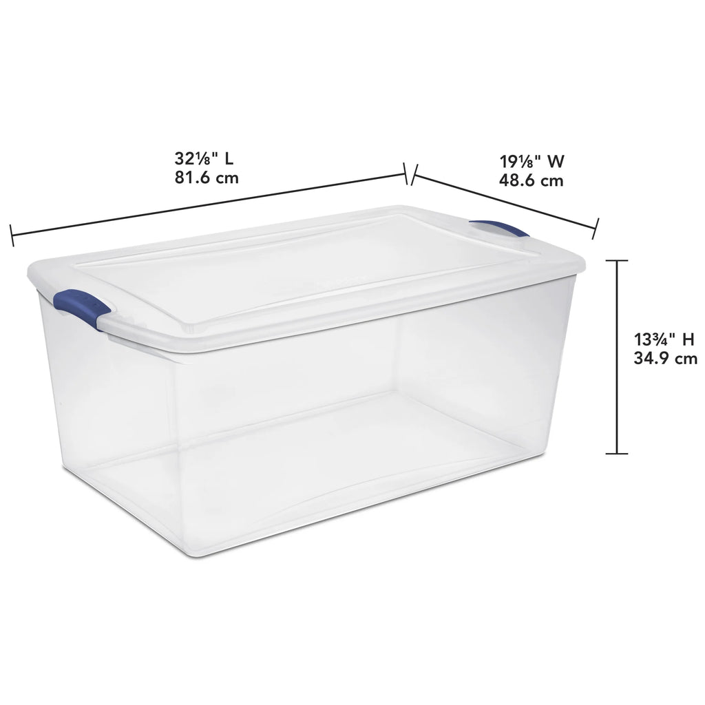 Sterilite 105 Quart Latch Box, Clear Plastic Storage Bin with Clear Lid, Blue, 4 Count