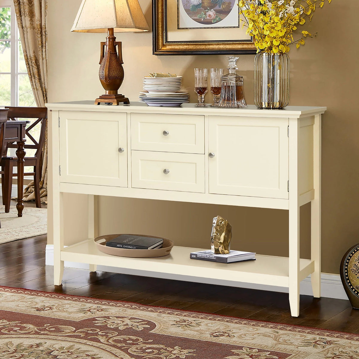 Costway Sideboard Buffet Table Wooden Console Table w/ Drawers & Cabinets Beige