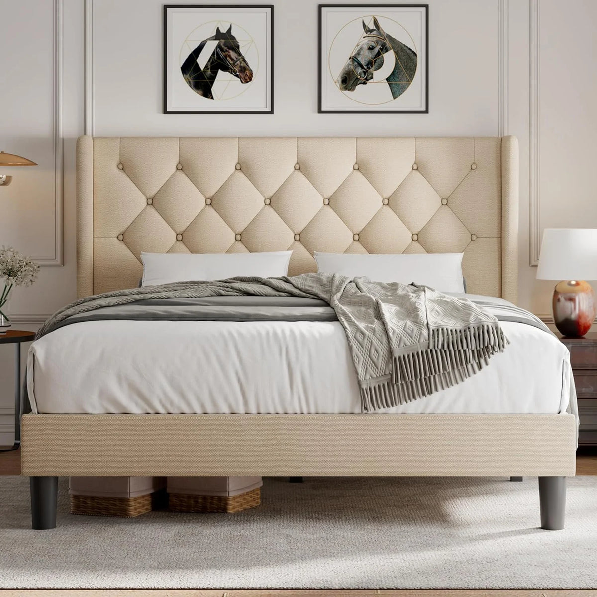iPormis Full Size Bed Frame with Diamond Button Tufted Wingback Headboard, Upholstered Platform Bed Frame with Strong Wood Slat Support, No Box Spring Needed,Black