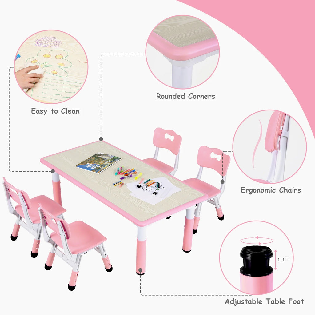 LAZY BUDDY Kids Table and 4 Chairs Set, Height Adjustable Toddler Desk with Graffiti Desktop, Kids Activity Table Set for Daycare, Home